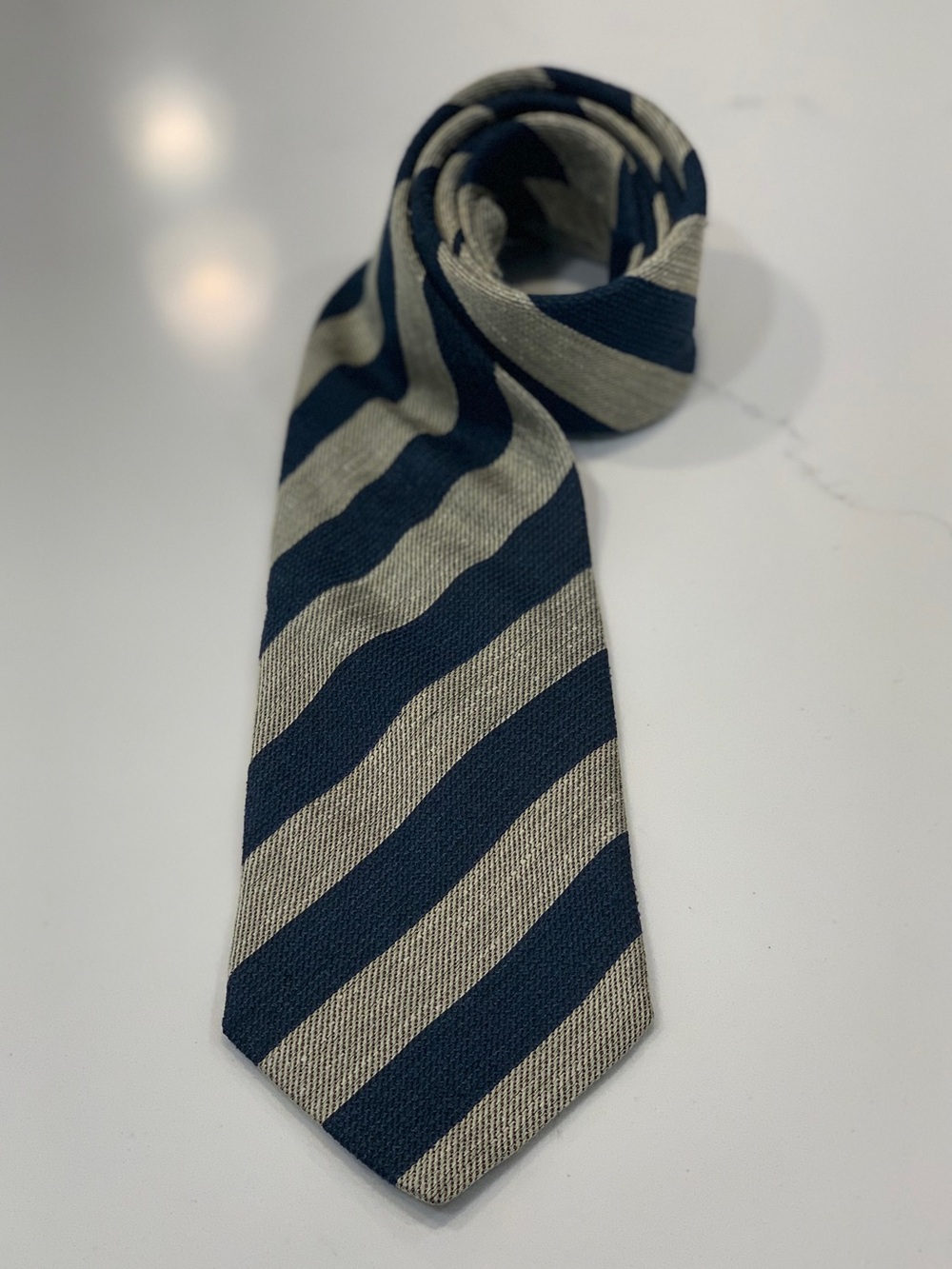 Zadi Andrew’s Ties Striped Silk Hand Made Tie Navy Tan Textured L: 60" W: 3.75"